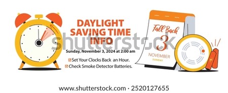 Daylight Saving Time Info Banner Reminder. Clock with turning arrows back one hour, calendar date November 3 and smoke detector with batteries. Fall Back Time concept vector illustration