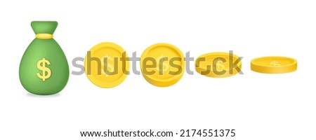 Coin 3D plastic render icon with Money bag. Set of rotating 3d coins. Business concept for finance, investment, online payment. Bag with dollar sign vector illustration isolated on white background