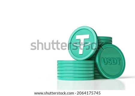 Tether cryptocurrency stacks with coins showing the symbol and the USDT ticker. Green and white color scheme with copy space. High quality 3D rendering. Photo stock © 