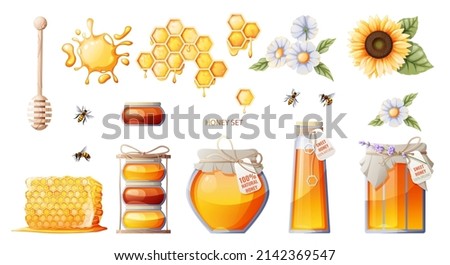 Set of honey products: jar of honey, honeycombs. Sunflower flowers, daisies. Bees and honey spoon. Suitable for honey shop, stickers, design