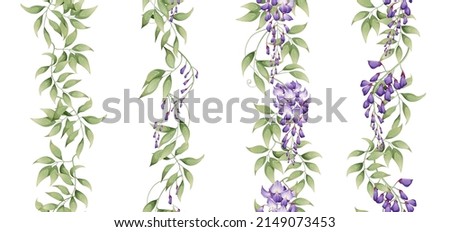 Set of vertical seamless borders with purple wisteria and green leaves. Asian plants. Botanical flower illustration for wedding design, wallpaper, advertising