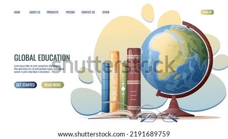 landing page template with globe, glasses and stack of textbooks.Back to school landing page template. Flat web banner on white backdrop. Vector flat illustration. Concept web design, website page
