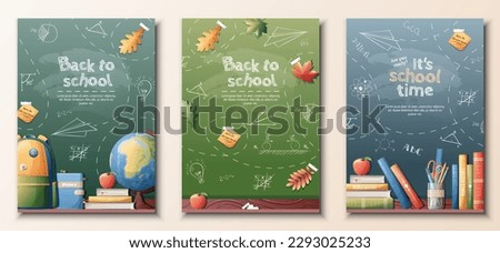 School banners set. Back to school, knowledge, education. Postcard, poster with school board and chalk lettering, textbooks and stationery. Vector set of a4 size flyers