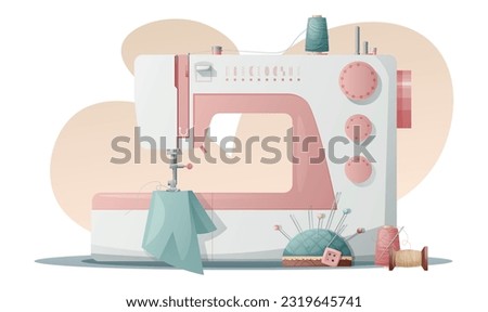 Illustration of a sewing machine with threads and a needle bed on a white background.Sewing tools, needlework, hobby, craft,workplace.