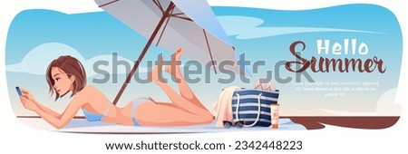 Horizontal summer banner with sunbathing girl on the beach. Summer vacation at sea, beach vibe, holidays.Tropical background for poster, flyer, advertising