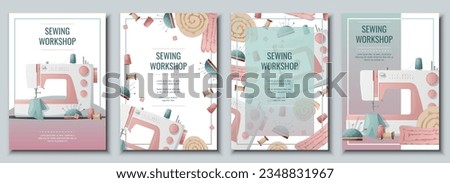 Flyer design set with sewing machine and sewing supplies. Light industry. Needlework, hobby, sewing. Poster banner for sewing shop, workshop, atelier.