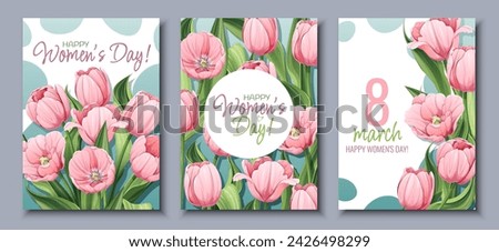 Set of Greeting Cards for International Women's Day. Poster with pink tulips for March 8th. Vector template with spring bouquet