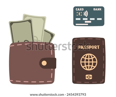 Passport, wallet with money and bank card on an isolated background. Vacation, travel around the world, adventure. Hand-drawn in trendy style. Colorful flat vector illustration