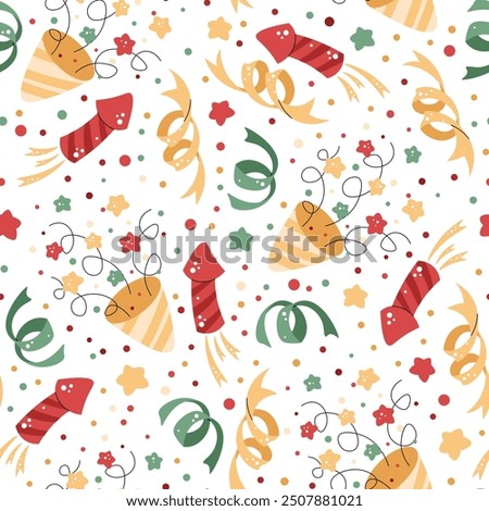 Seamless pattern with Christmas crackers, confetti and decorations. Vector festive texture in flat style. Suitable for wallpaper, wrapping paper, fabric, etc