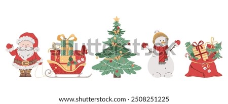 Set of Christmas illustrations on white background. Santa Claus with sleigh, Christmas tree, snowman and gifts. Suitable for design of cards, banners, stickers, etc