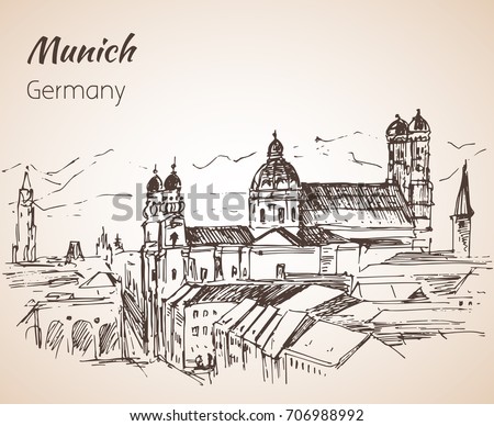 Munchen city landscape, Germany. Frauenkirche. Church of Our Lady. Germany. Sketch. Isolated on white background