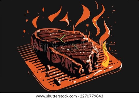 Searing BBQ steak, meat, pork on grill. Summer American barbecue. Flat vector illustration concept