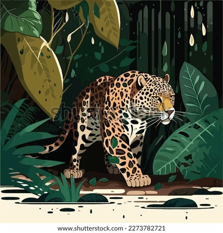 Jaguar in the Amazon rainforest. Tropical rainforest animals. Flat vector illustration concept