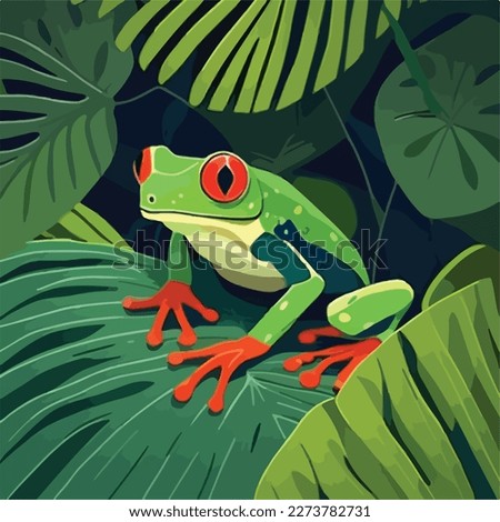 Red-eyed tree frog on a tropical leaf in the rainforest. Tropical rainforest reptiles animals. Flat vector illustration concept