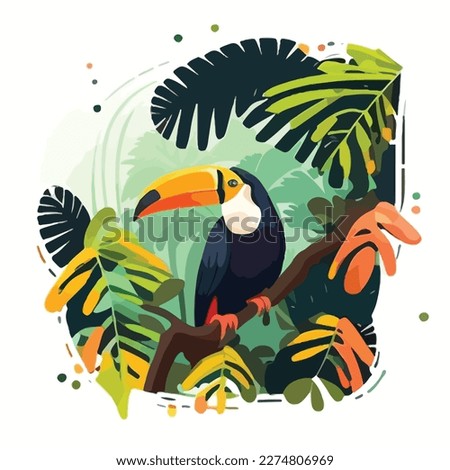 Toucan in the canopy of the rainforest. Tropical rainforest birds and animals. Flat vector illustration concept