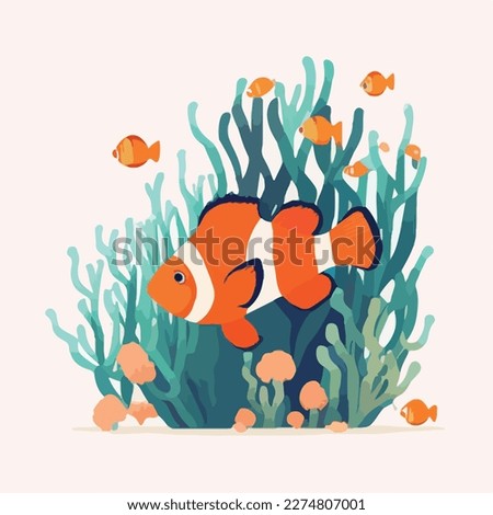 Clownfish in anemone. Underwater fish and sea creatures in natural habitat. Flat vector illustration concept