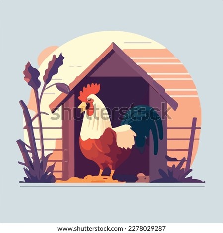 Chicken in a coop. Domestic or farm yard animals. Flat vector illustration concept