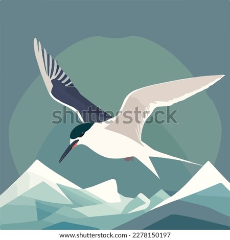 Arctic tern in arctic skies. Arctic birds in natural habitat. Flat vector illustration concept
