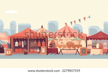 Flea market or second hand store. Reusable clothes and sustainable living concept. Flat vector illustration