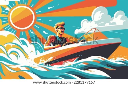 Man enjoying a light summer day out on a speedboat with the sun shining bright and waves splashing around. Flat vector summer watersport illustration concept. Gadget-free vacation
