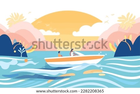 Person enjoying a light summer day out on a speedboat with the sun shining bright and waves splashing around. Flat vector summer watersport illustration concept. Gadget-free vacation