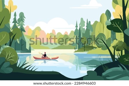 Person kayaking in a peaceful river, surrounded by lush greenery and the sounds of nature. Flat vector summer watersport illustration concept. Gadget-free vacation