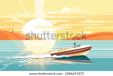 Person enjoying a light summer day out on a speedboat with the sun shining bright and waves splashing around. Flat vector summer watersport illustration concept. Gadget-free vacation