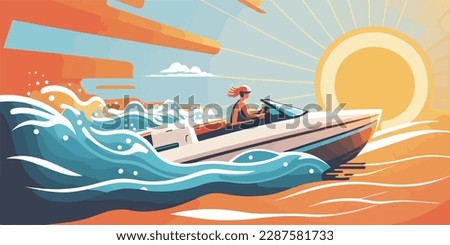 Person enjoying a light summer day out on a speedboat with the sun shining bright and waves splashing around. Flat vector summer watersport illustration concept. Gadget-free vacation