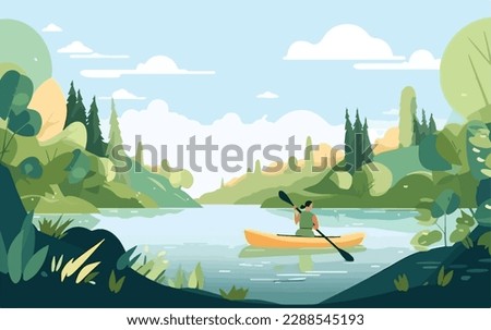 Person kayaking in a peaceful river, surrounded by lush greenery and the sounds of nature. Flat vector summer watersport illustration concept. Gadget-free vacation