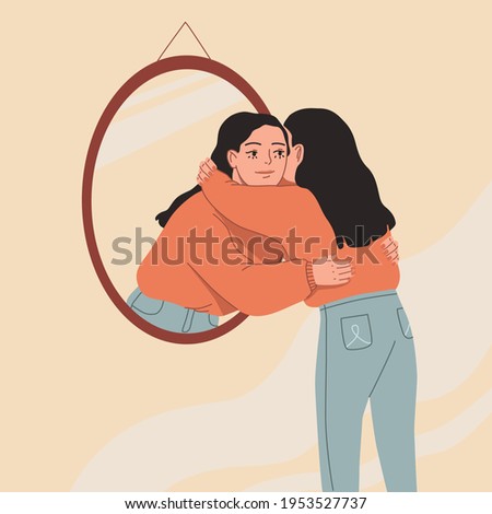 Young woman hugging her own reflection in the mirror. Love yourself, self care, self acceptance concept. Hand drawn vector colorful funny cartoon style illustration