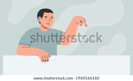 Young man pointing down finger. Cartoon colorful hand drawn vector illustration in flat style