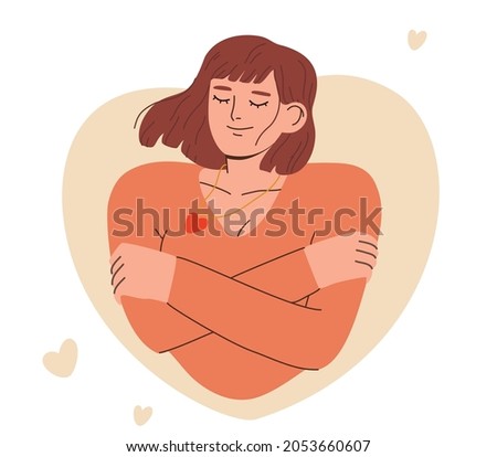 Smiling woman hugging herself. Love yourself, self care, body care, self acceptance, body positive concept. Hand drawn vector colorful flat cartoon style illustration 商業照片 © 
