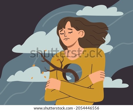 Lonely depressed woman with hole in chest feeling empty inside. Sad female character having psychological disorder. Psychology problem and mental state concept. Hand drawn flat vector illustration