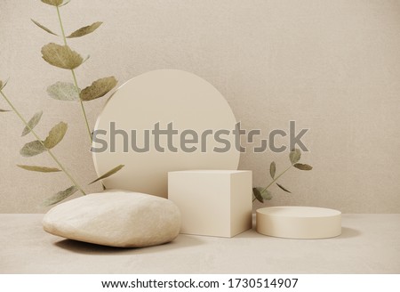 Premium podium made of paper on pastel background with plant branches,leaves,pebbles and natural stones.Mock up for the exhibitions,presentation of products, therapy, relaxation and health -3d render.