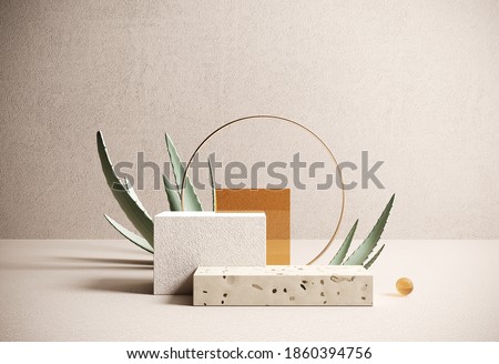 Premium podium, stand made of paper and terrazzo on pastel, light background with natural plant, leaves. Mock up for the exhibitions, presentation of products - 3D, render. 