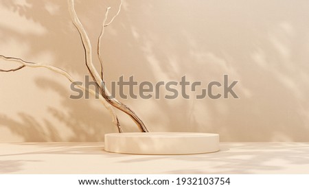 Podium, showcase on pastel stucco background. Abstract geometric composition with branch and shadow on the wall -3D render. Mock up for exhibitions, presentation and branding products, health care.