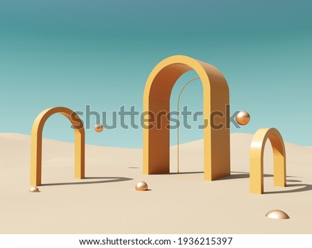 Abstract, architectural structure with arches and flying golden balls on sandy beach and sky background - 3D render with copy space. Modern minimal abstract illustration for advertising products. Zdjęcia stock © 