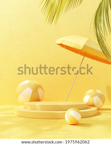 3D render of summer podium, showcases with beach balls and an umbrella on yellow background. Fun bright illustration for advertising summer products, sunscreen products, relaxation and vacations.