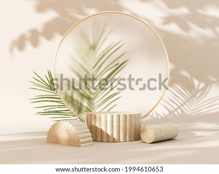 3D render podium, showcase on light pastel background with shadows in green tropical leaves of plants. Abstract natural,organic background for advertising products, spa body care, relaxation, health.