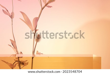 Empty glass exhibition stand, platform, showcase for products. Podium, platform for cosmetics, advertising, business - 3D, render. Autumn natural background with branches, flowers and leaves. 