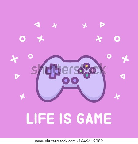 Joystick in doodle linear cartoon style on pink background with phrase text Life is Game. For Gamer girl. For poster, icon, logo, sticker, card. Vector kawaii isolated illustration