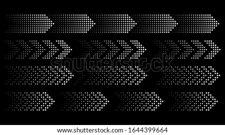 Set of arrows. Silhouettes collection of white pointers with halftone effect on black background. Vector illustration