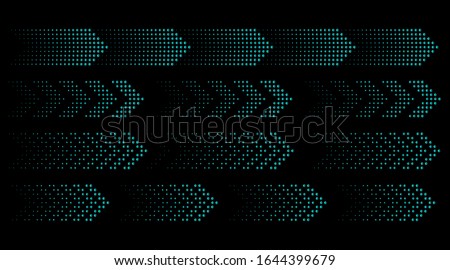 Set of arrows. Silhouettes collection of blue neon pointers with halftone effect on a black background. Vector illustration