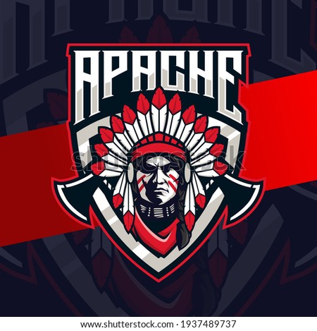 Apache indian chief mascot esport logo design character for gaming and sport logo
