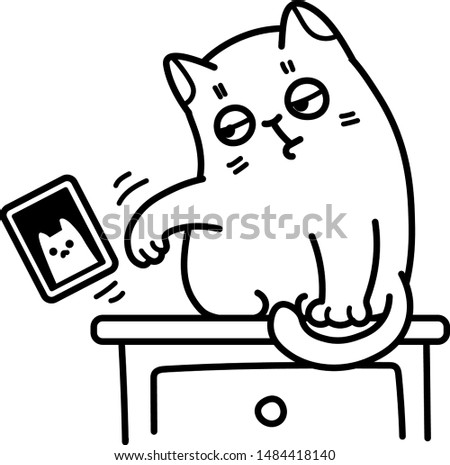 Vector Outline Black And White Drawing Of A Cute Cat Pushing A Framed Portrait Off The Table And Knocking It Over
