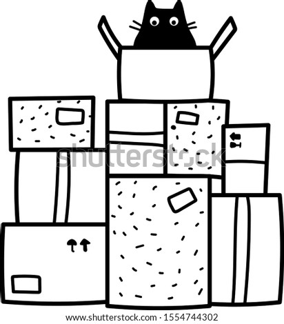 Funny Cartoon Vector Outline Drawing Of A Cute Black Cat Sitting On Top Of A Pile Of Card Boxes And Packages