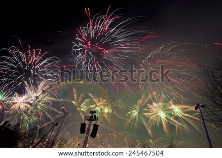 LONDON - JANUARY 01, 2015: A spectacular firework display in Westminster celebrating the New Year, January 01, 2015 in London, England.