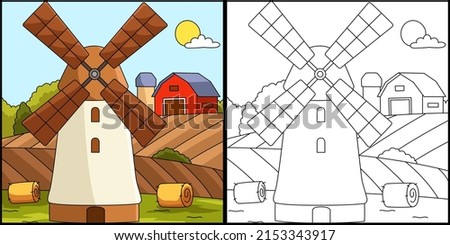 Windmill Coloring Page Colored Illustration