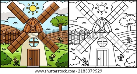 Windmill House Coloring Page Colored Illustration