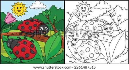 Spring Two Ladybugs Coloring Page Illustration